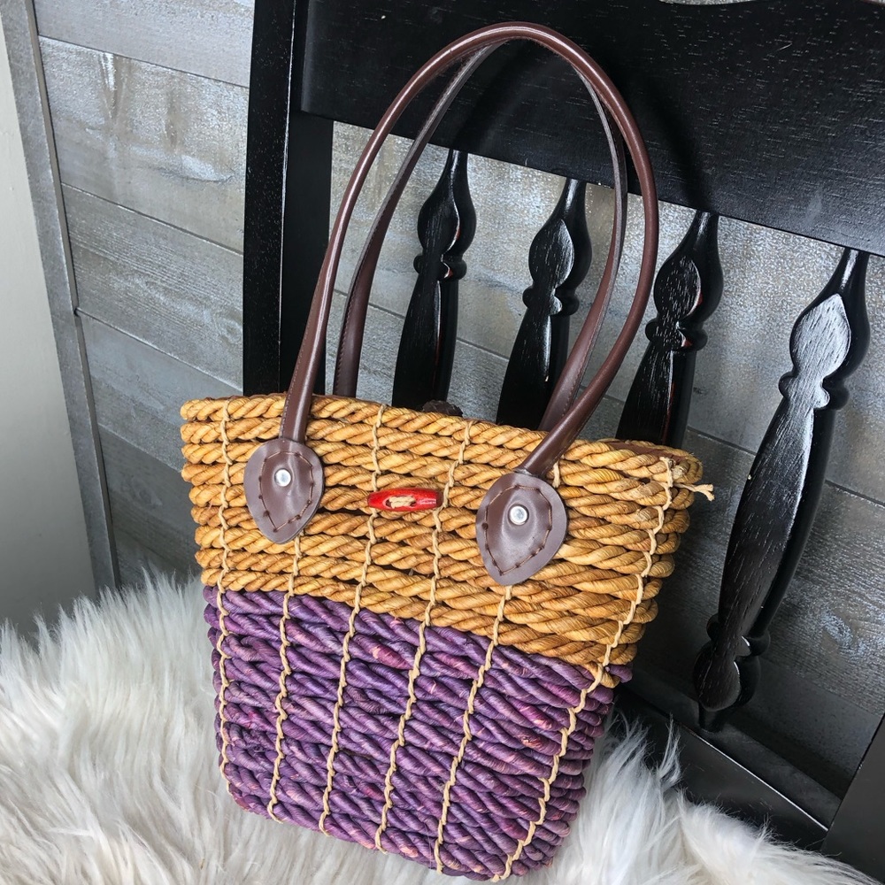 Wicker purple brown beach bag summer bag with toggle close